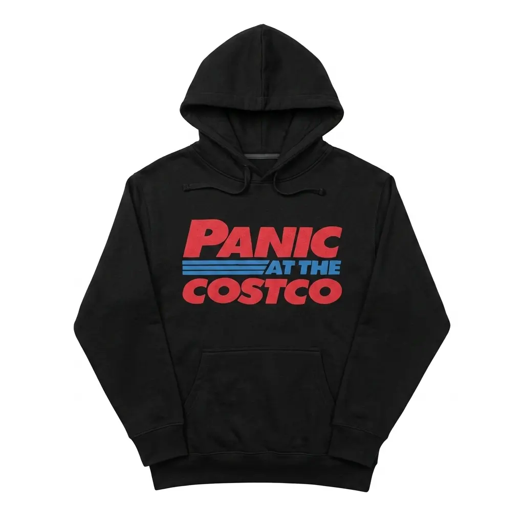 Black t-shirt featuring a large 'Panic At The Costco' design in red and blue.