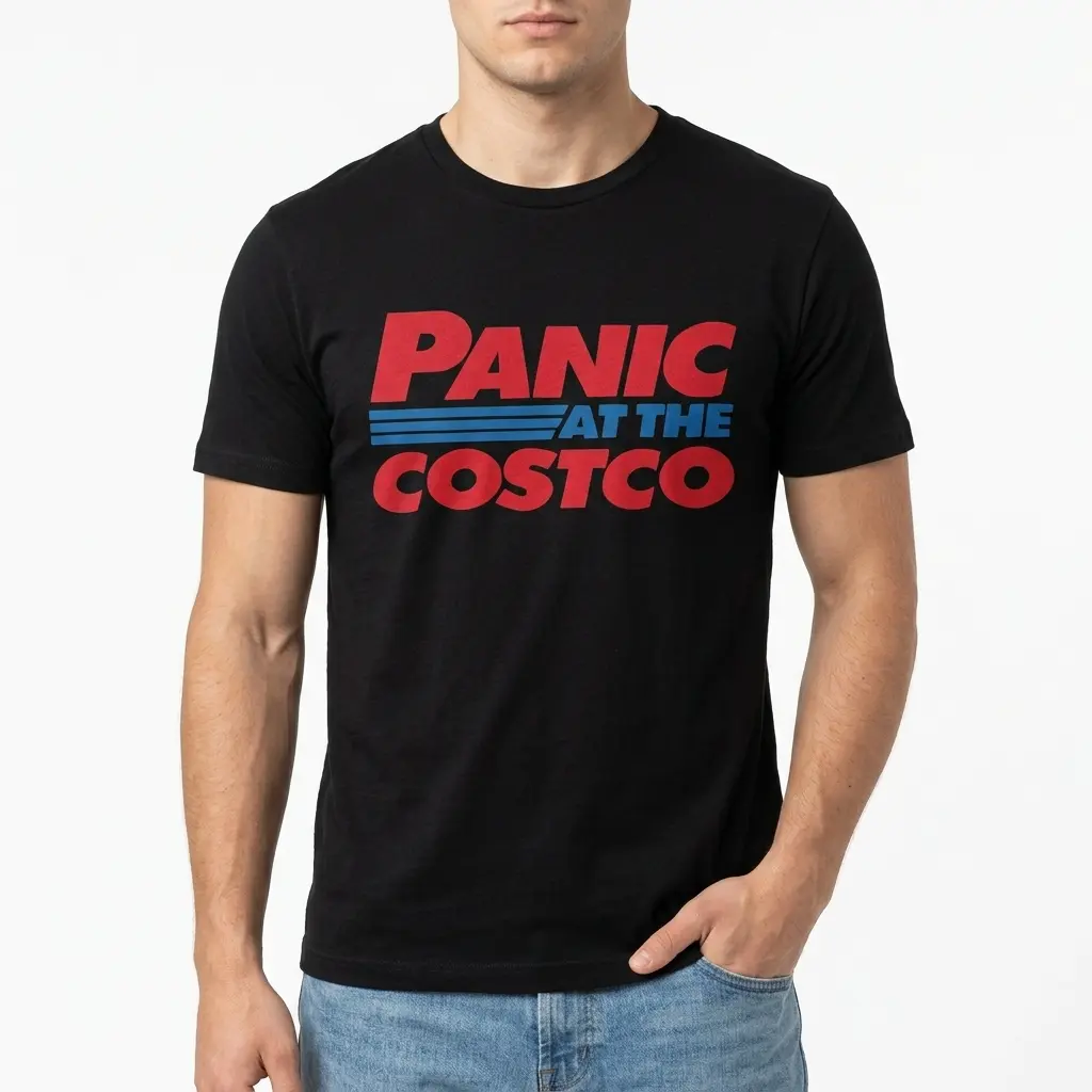 Close-up of 'Panic At The Costco' graphic on a black t-shirt.