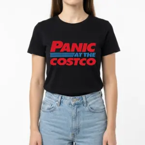 Panic At The Costco Funny Parody T-Shirt 9 Front view of a black t-shirt with 'Panic At The Costco' parody text.