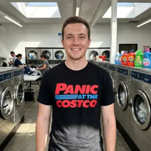 Panic At The Costco Funny Parody T-Shirt 11 Person wearing a 'Panic At The Costco' t-shirt in a casual setting.