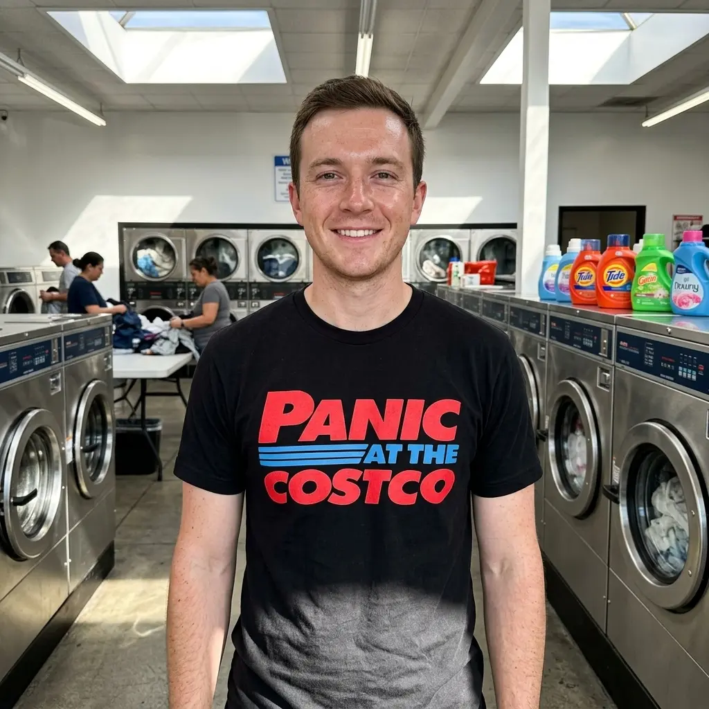 Person wearing a 'Panic At The Costco' t-shirt in a casual setting.