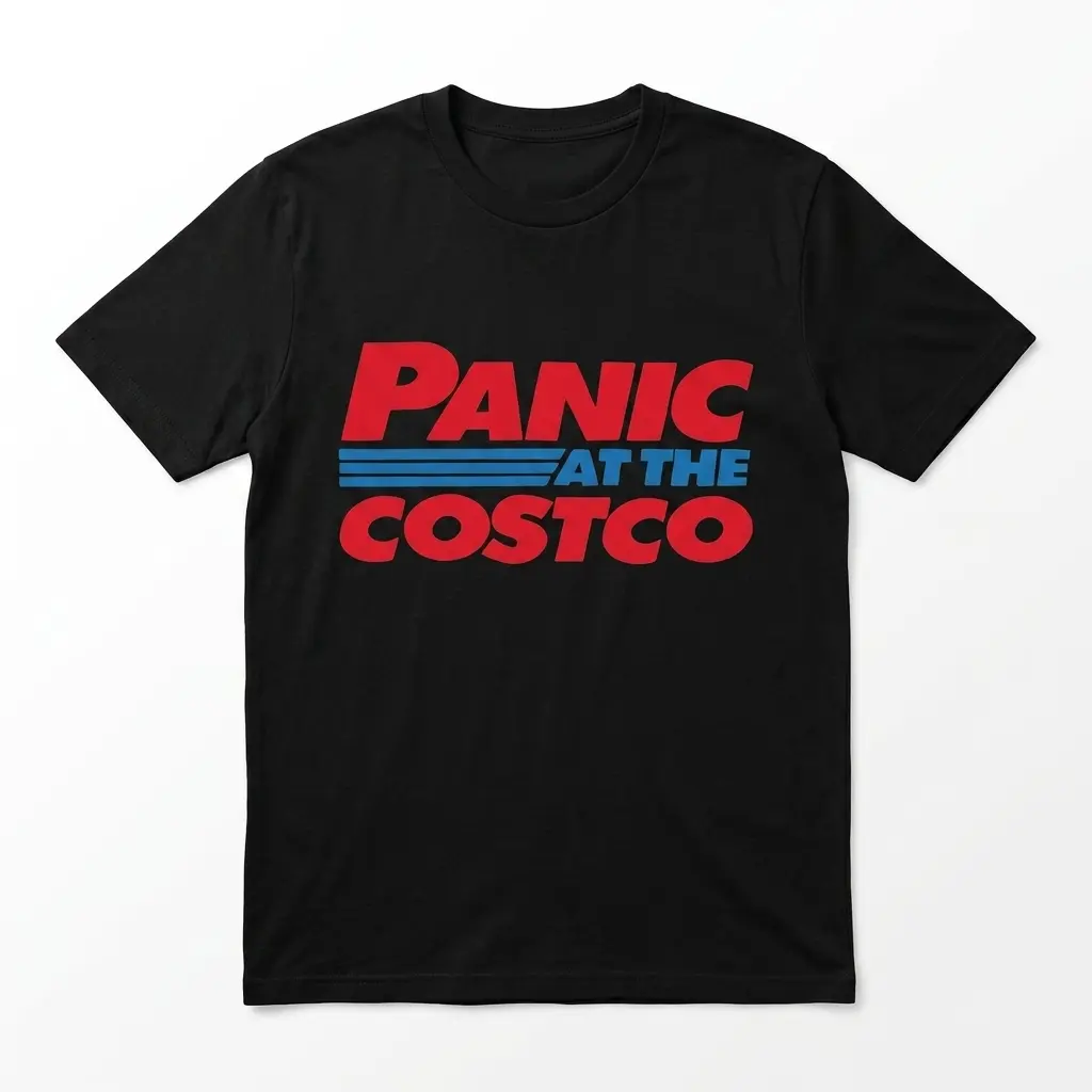 Black t-shirt with 'Panic At The Costco' parody design in bold red and blue letters.