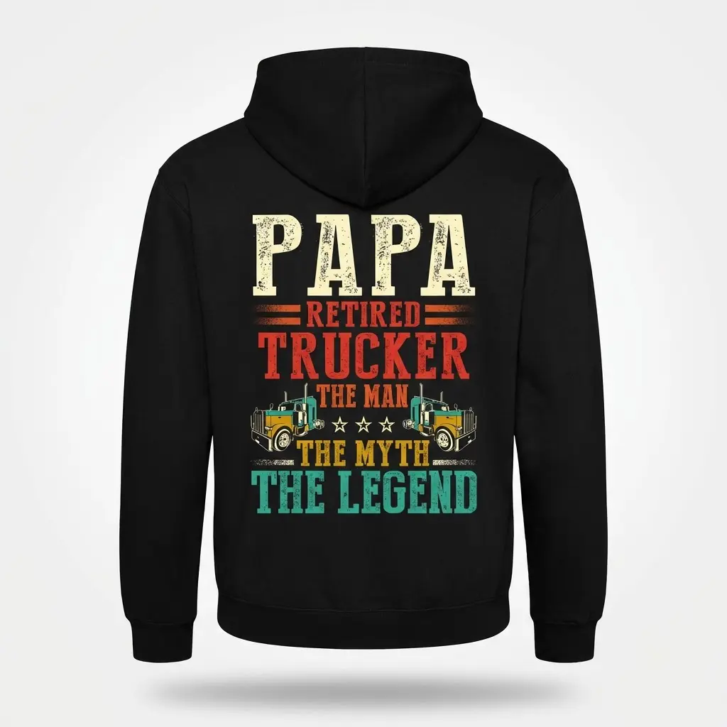 Papa Retired Trucker Legend T-Shirt 2 Back flatlay of hoodie with 'Papa Retired Trucker Legend' design.
