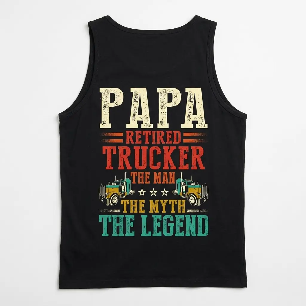 Papa Retired Trucker Legend T-Shirt 3 Tank top back with 'Papa Retired Trucker Legend' graphic.