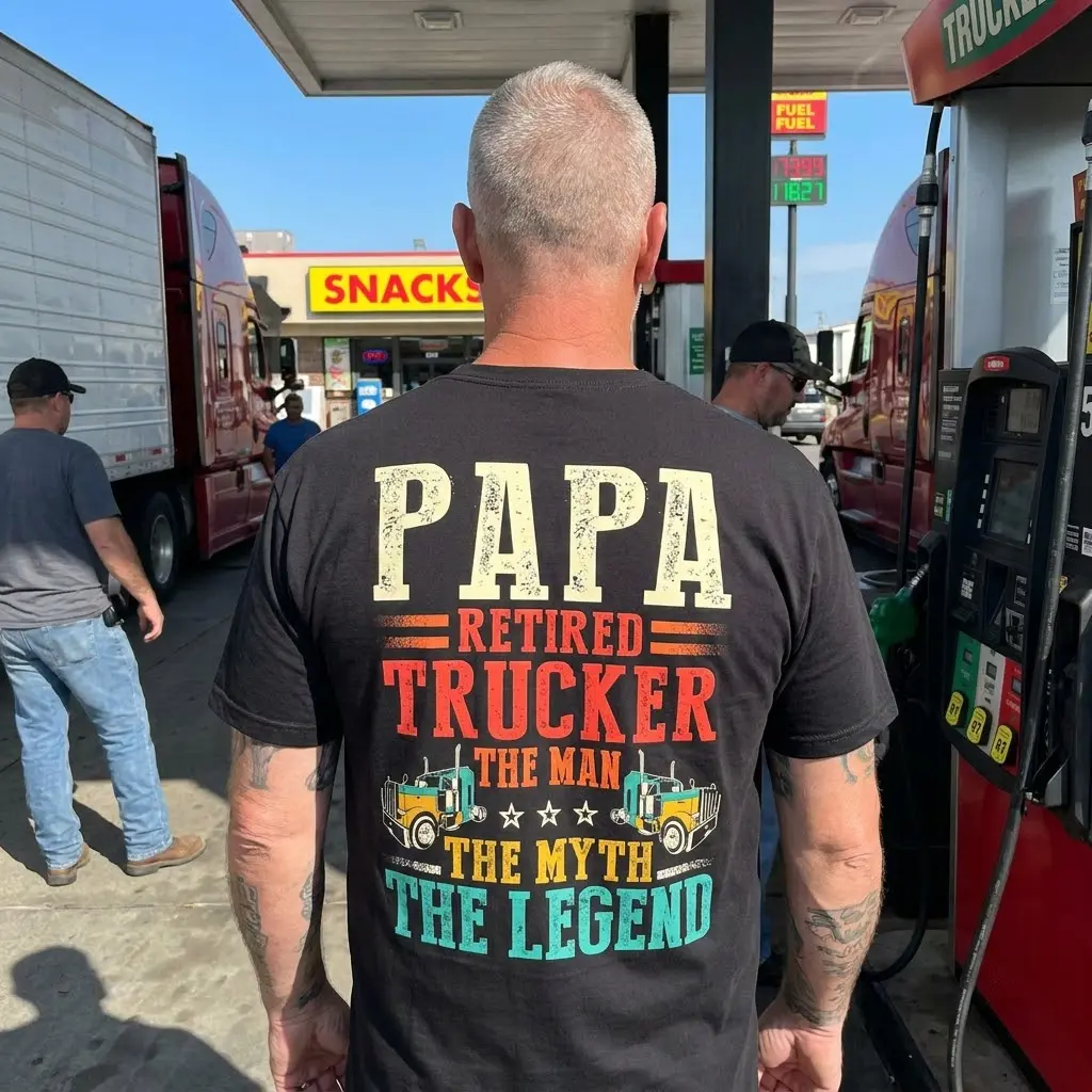Papa Retired Trucker Legend T-Shirt 5 Person wearing 'Papa Retired Trucker Legend' T-shirt in a casual setting.