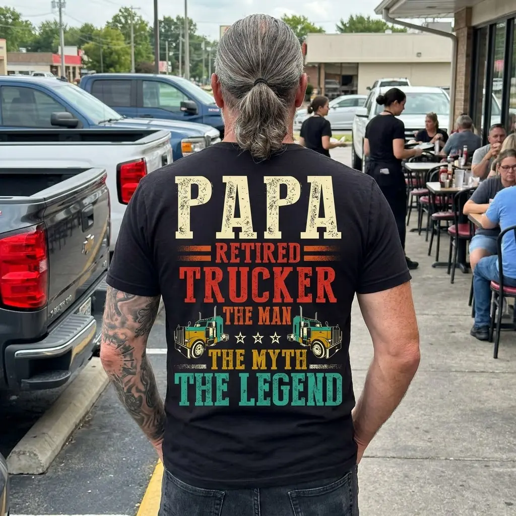 Papa Retired Trucker Legend T-Shirt 6 Close-up on 'Papa Retired Trucker Legend' T-shirt worn outdoors.