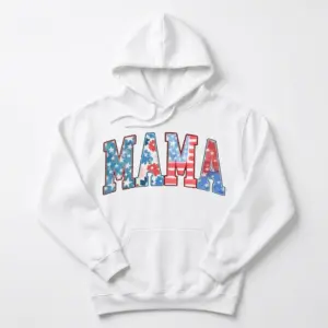 Patriotic Mama 4th of July Graphic T-Shirt 7 Front view of a white shirt featuring 'MAMA' in a patriotic theme.