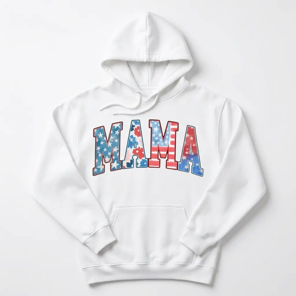 Patriotic Mama 4th of July Graphic T-Shirt 2 Front view of a white shirt featuring 'MAMA' in a patriotic theme.