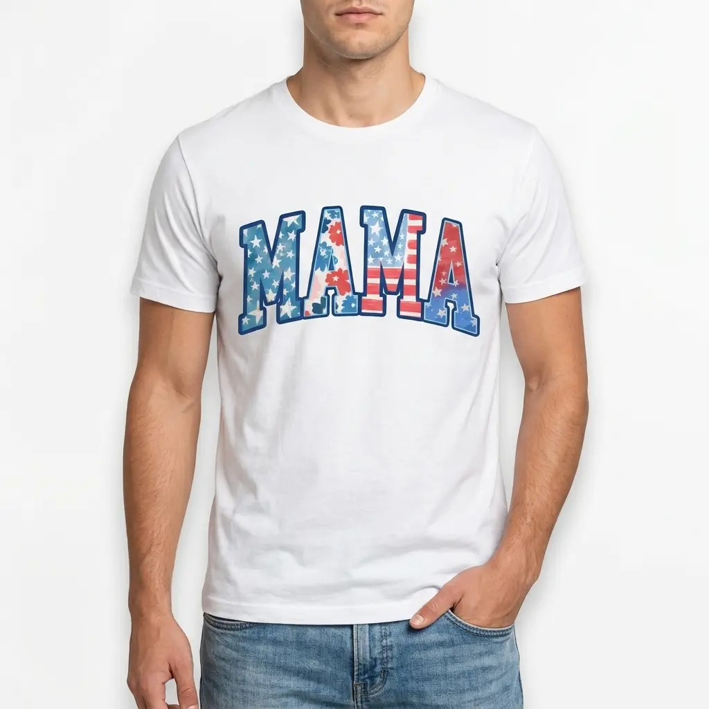 Patriotic Mama 4th of July Graphic T-Shirt 3 Close-up of 'MAMA' design on a 4th of July-themed t-shirt.