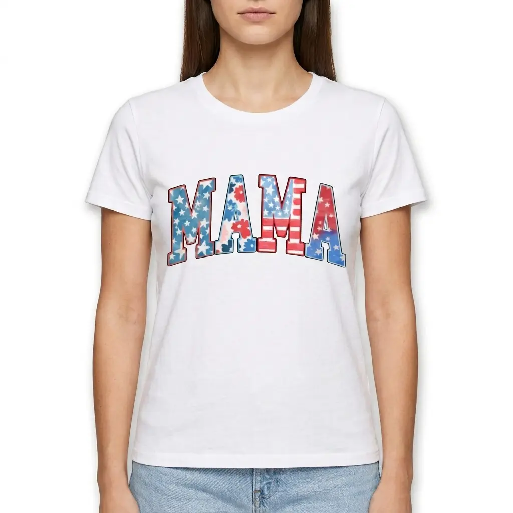 Patriotic Mama 4th of July Graphic T-Shirt 4 Detailed view of stars and stripes design on 'MAMA' shirt.