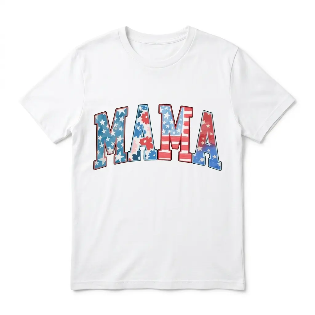 Patriotic Mama 4th of July Graphic T-Shirt 1 White t-shirt with 'MAMA' in patriotic stars and stripes design.
