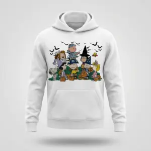 Peanuts Gang Trick or Treat Halloween T-Shirt 7 White hoodie flatlay featuring the Peanuts gang in Halloween costumes, surrounded by pumpkins and flying bats for a nostalgic trick-or-treat scene.