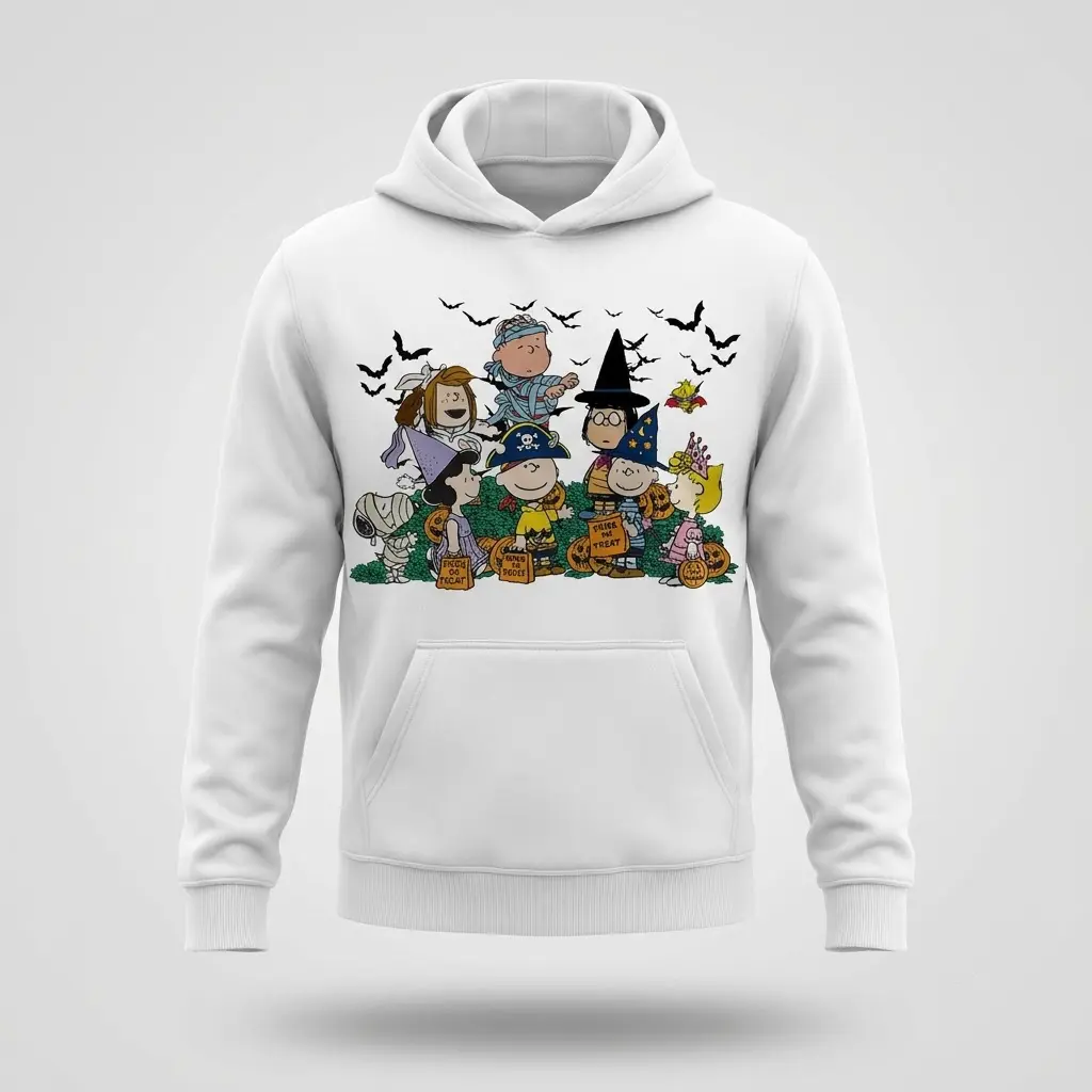 Peanuts Gang Trick or Treat Halloween T-Shirt 2 White hoodie flatlay featuring the Peanuts gang in Halloween costumes, surrounded by pumpkins and flying bats for a nostalgic trick-or-treat scene.