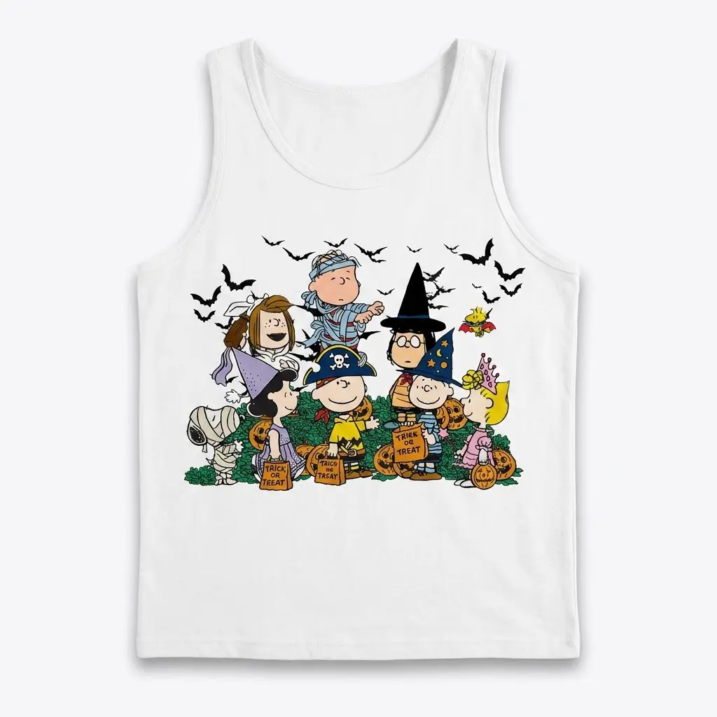 Peanuts Gang Trick or Treat Halloween T-Shirt 3 Front flatlay of a white tank top showcasing the Peanuts characters dressed for Halloween trick-or-treating with bats and pumpkins.