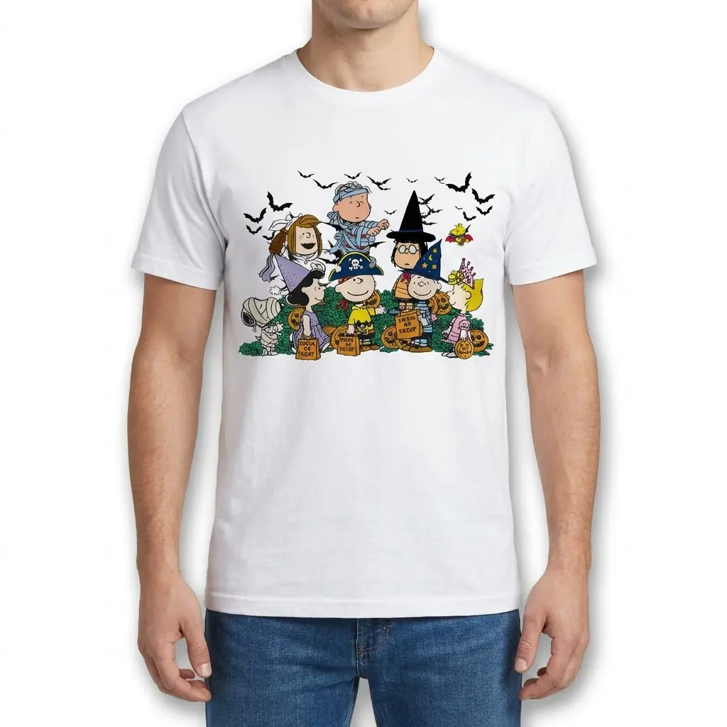 Peanuts Gang Trick or Treat Halloween T-Shirt 4 A man wearing the white Peanuts Halloween t-shirt, showing the gang in costumes trick-or-treating surrounded by pumpkins and bats.