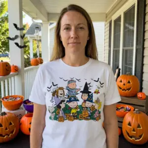 Peanuts Gang Trick or Treat Halloween T-Shirt 10 The Peanuts Halloween t-shirt design, featuring Snoopy and friends trick-or-treating, captures a cheerful, nostalgic seasonal gathering vibe.