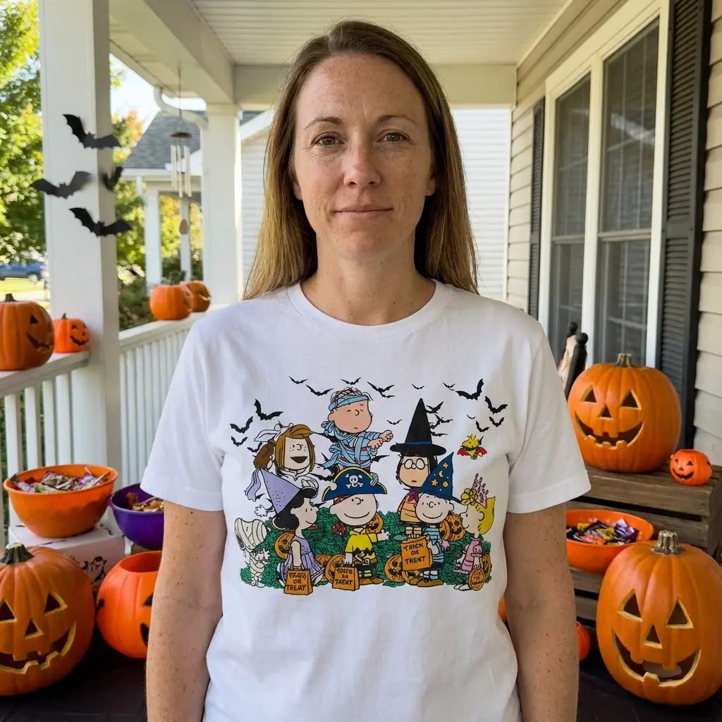 Peanuts Gang Trick or Treat Halloween T-Shirt 5 The Peanuts Halloween t-shirt design, featuring Snoopy and friends trick-or-treating, captures a cheerful, nostalgic seasonal gathering vibe.