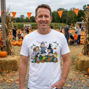 Peanuts Gang Trick or Treat Halloween T-Shirt 11 A fun Peanuts Halloween graphic on a white t-shirt, depicting the gang in costumes collecting candy with pumpkins and flying bats.