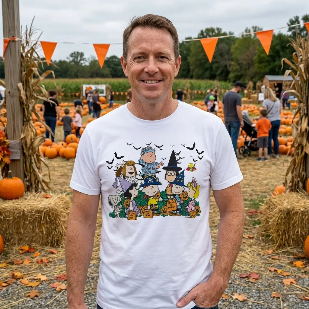 Peanuts Gang Trick or Treat Halloween T-Shirt 6 A fun Peanuts Halloween graphic on a white t-shirt, depicting the gang in costumes collecting candy with pumpkins and flying bats.
