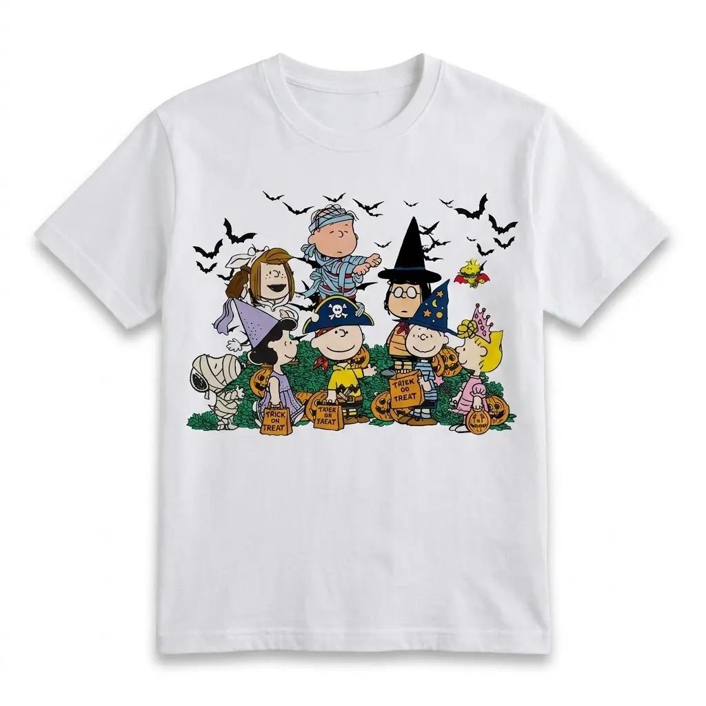 Peanuts Gang Trick or Treat Halloween T-Shirt 1 White Peanuts Halloween t-shirt with Snoopy, Charlie Brown, and friends trick-or-treating in costumes among jack-o'-lanterns and bats.