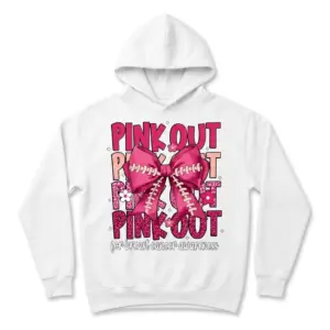 Pink Out Football Bow Breast Cancer T-Shirt 7 Close-up of the white t-shirt, showing the left side of the "PINK OUT" design with the football bow, pink flowers, and leopard print text.