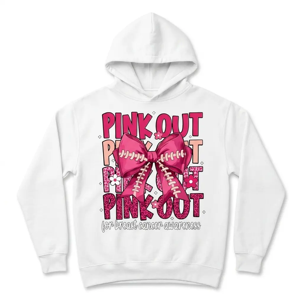 Pink Out Football Bow Breast Cancer T-Shirt 2 Close-up of the white t-shirt, showing the left side of the "PINK OUT" design with the football bow, pink flowers, and leopard print text.
