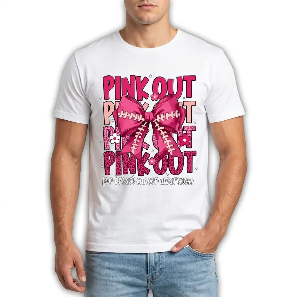 Pink Out Football Bow Breast Cancer T-Shirt 3 Close-up of the white t-shirt, showing the right side of the "PINK OUT" design, pink leopard print text, and the football bow.