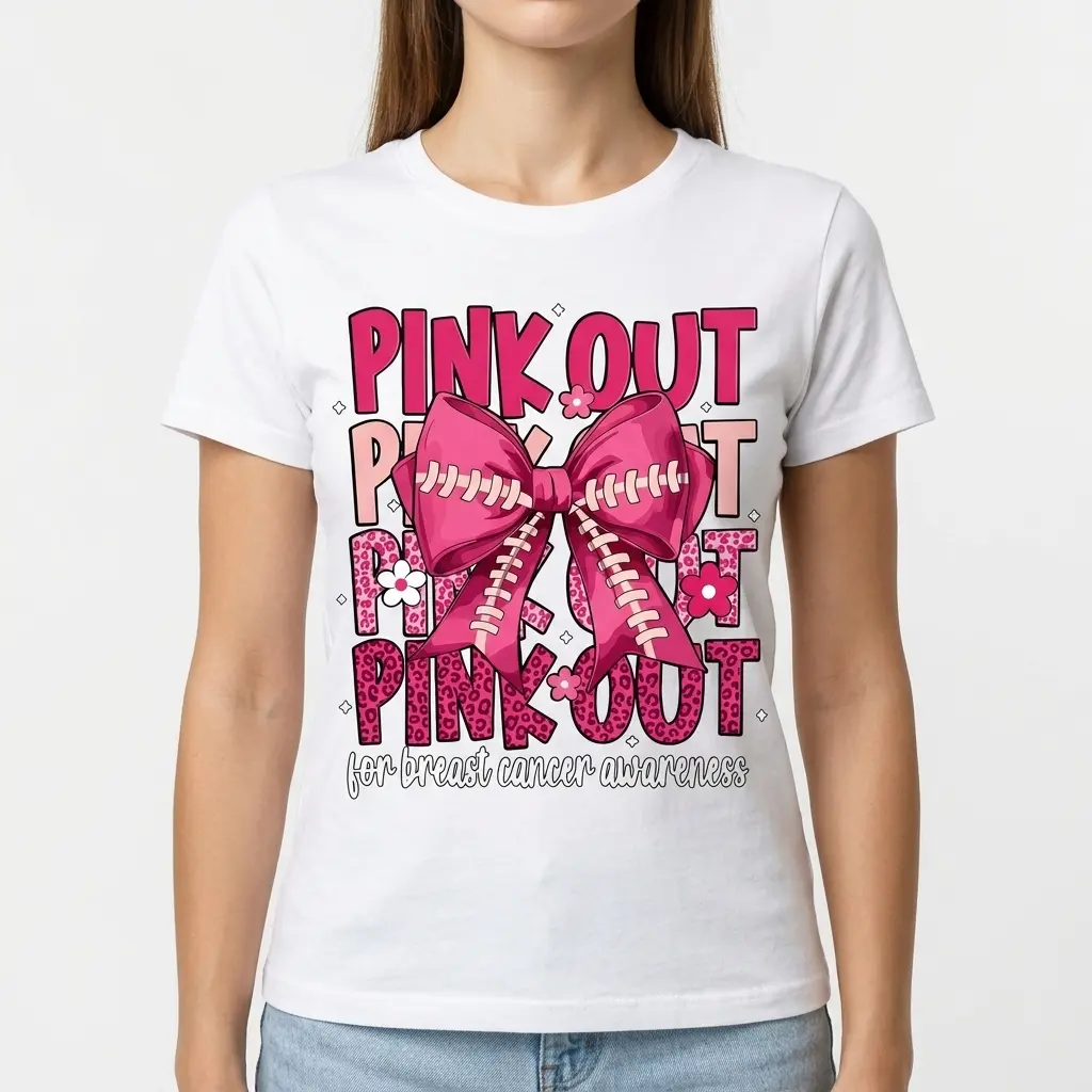 Pink Out Football Bow Breast Cancer T-Shirt 4 Detail of the white t-shirt's bottom left, showing "PINK OUT" in leopard print, small flowers, and "for breast cancer awareness" text.