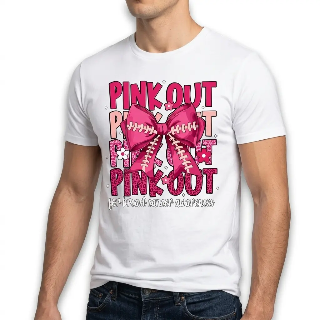 Pink Out Football Bow Breast Cancer T-Shirt 5 Detail of the white t-shirt's bottom right, showing pink "PINK OUT" text, part of the football bow, and "for breast cancer awareness" text.