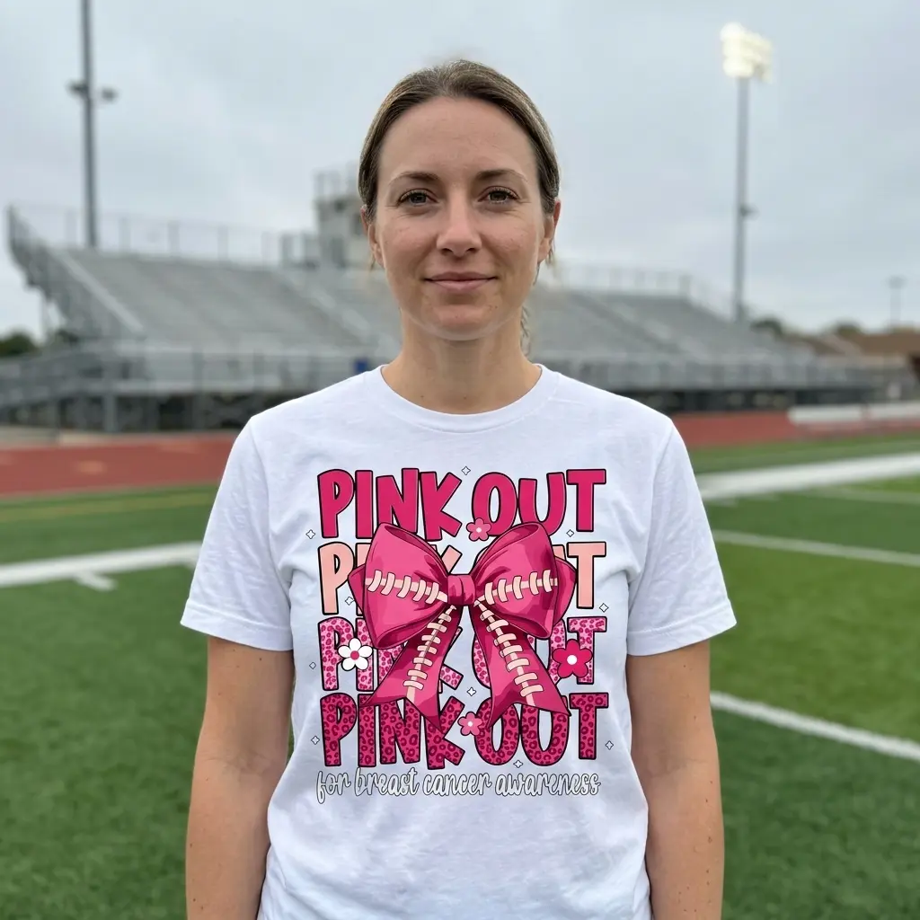 Pink Out Football Bow Breast Cancer T-Shirt 6 White sports shirt featuring a vibrant pink football bow over "PINK OUT" text in various pinks, highlighting breast cancer awareness.