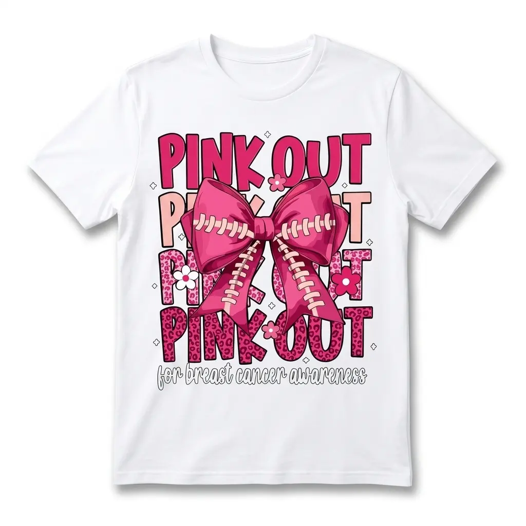 Pink Out Football Bow Breast Cancer T-Shirt 1 White t-shirt with "PINK OUT" text in pinks and leopard print, overlaid by a hot pink football bow, and "for breast cancer awareness" at the bottom.