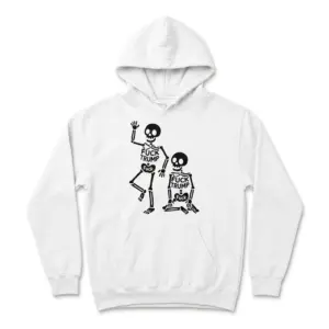 Playful Skeleton Friends Graphic T-Shirt 7 Front view of graphic T-shirt featuring skeletons.