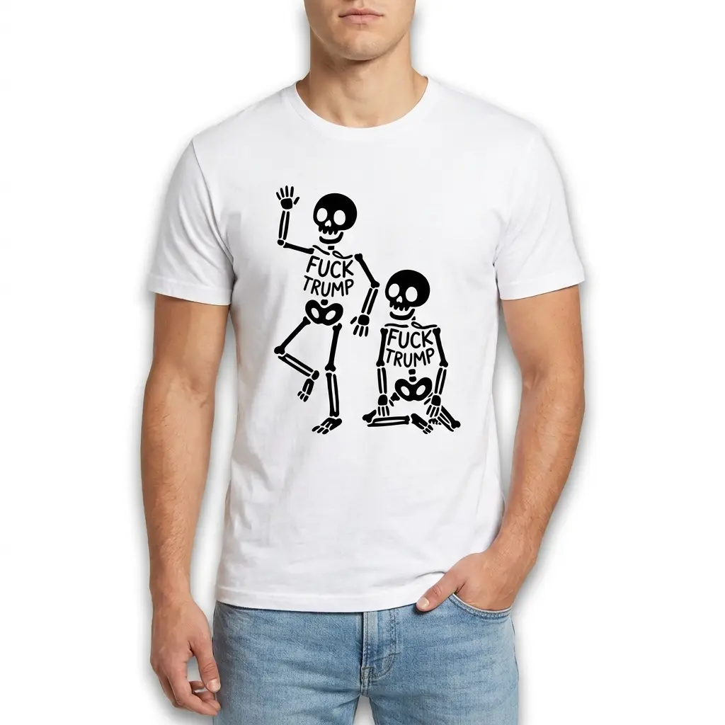 Playful Skeleton Friends Graphic T-Shirt 3 Playful skeleton design on a Halloween-themed shirt.