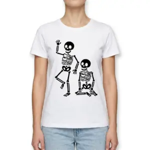 Playful Skeleton Friends Graphic T-Shirt 9 Funny skeleton friends graphic on white T-shirt.