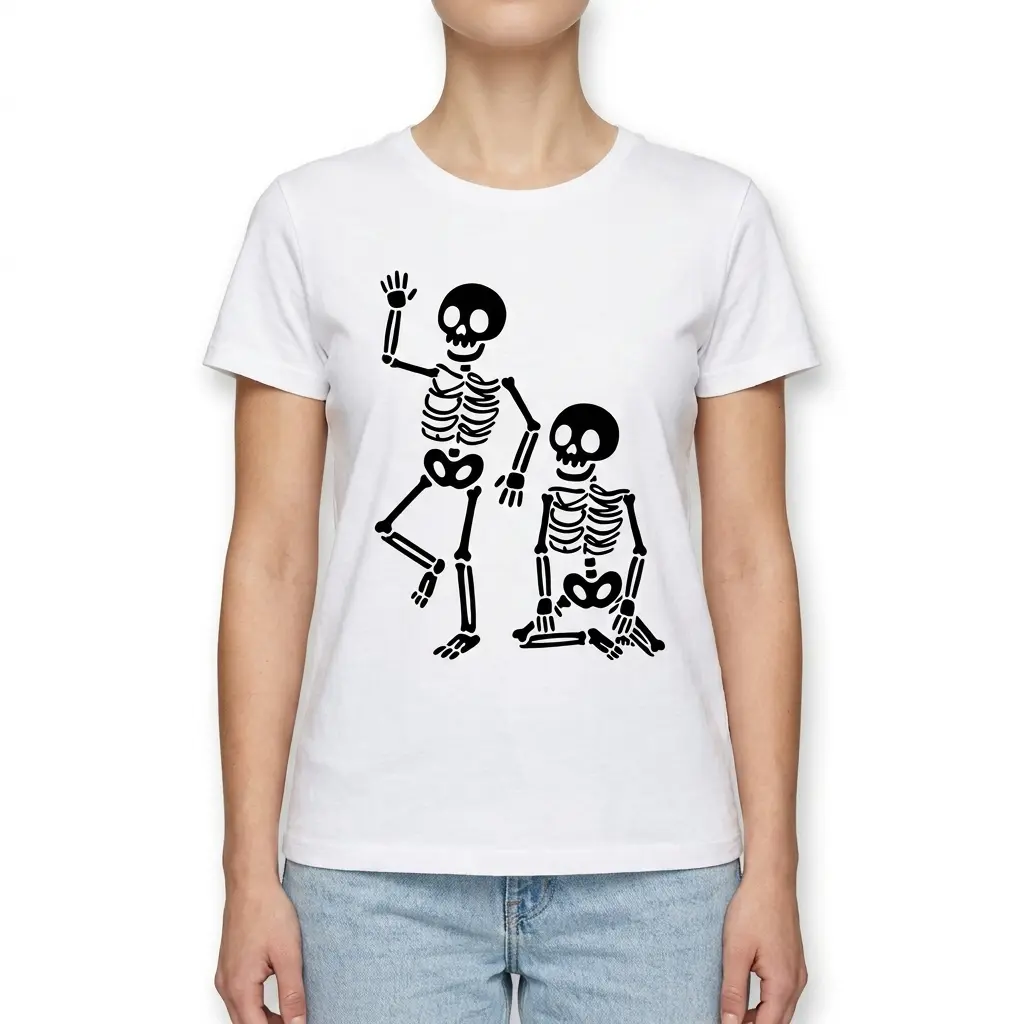 Playful Skeleton Friends Graphic T-Shirt 4 Funny skeleton friends graphic on white T-shirt.