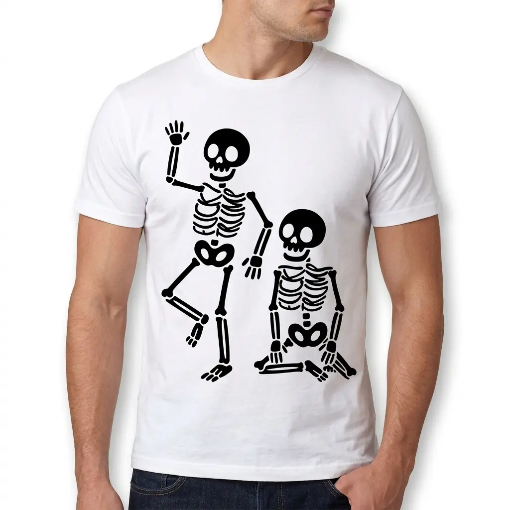 Playful Skeleton Friends Graphic T-Shirt 5 Casual T-shirt showcasing a skeleton friends design.