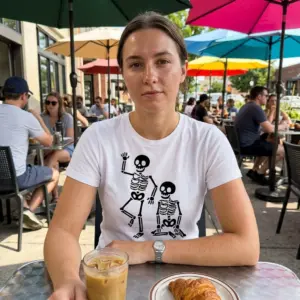 Playful Skeleton Friends Graphic T-Shirt 11 Model wearing T-shirt with playful skeleton print.