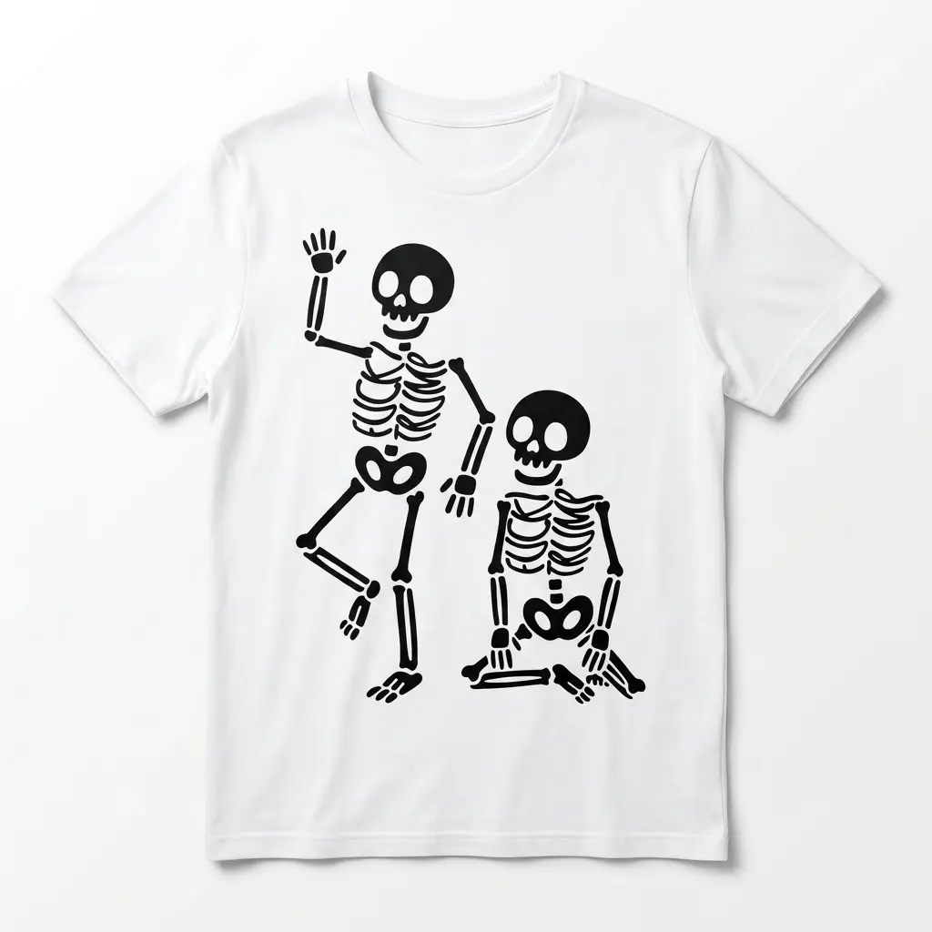 Playful Skeleton Friends Graphic T-Shirt 1 White T-shirt with playful skeleton friends design.