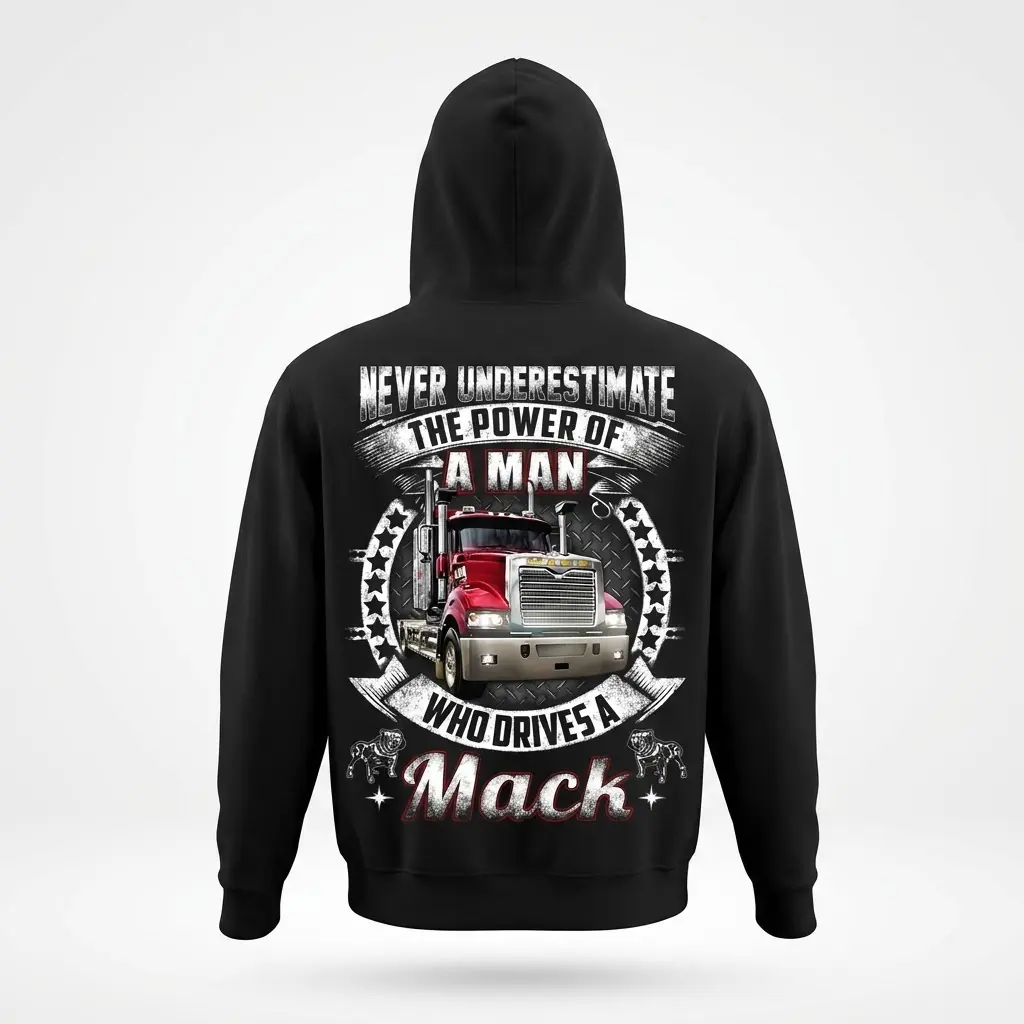 Powerful Mack Truck Driver T-Shirt 2 Back view of a hoodie featuring a Mack truck graphic and strong distressed text.