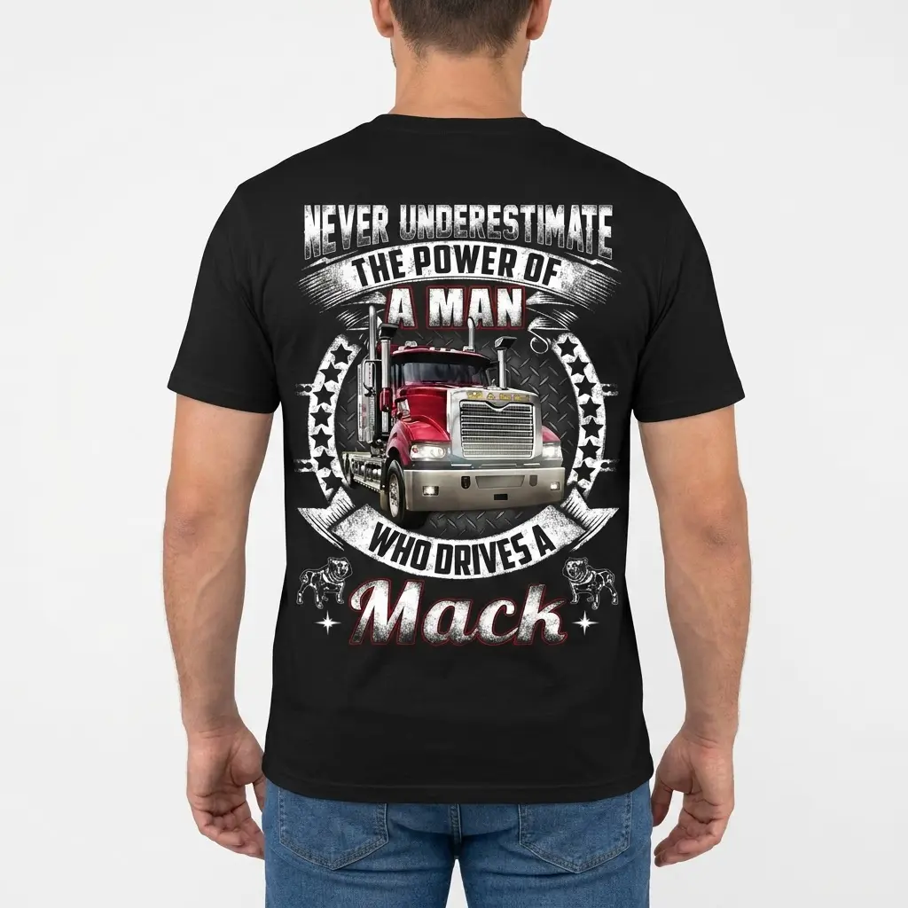 Powerful Mack Truck Driver T-Shirt 4 Man modeling the back of a t-shirt with a Mack truck design and powerful text.