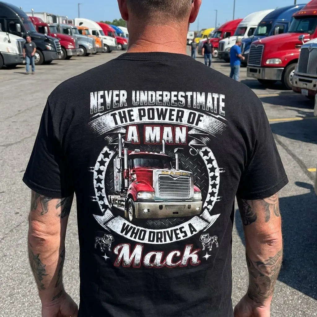Powerful Mack Truck Driver T-Shirt 5 Person wearing a Mack truck t-shirt in a casual lifestyle setting.