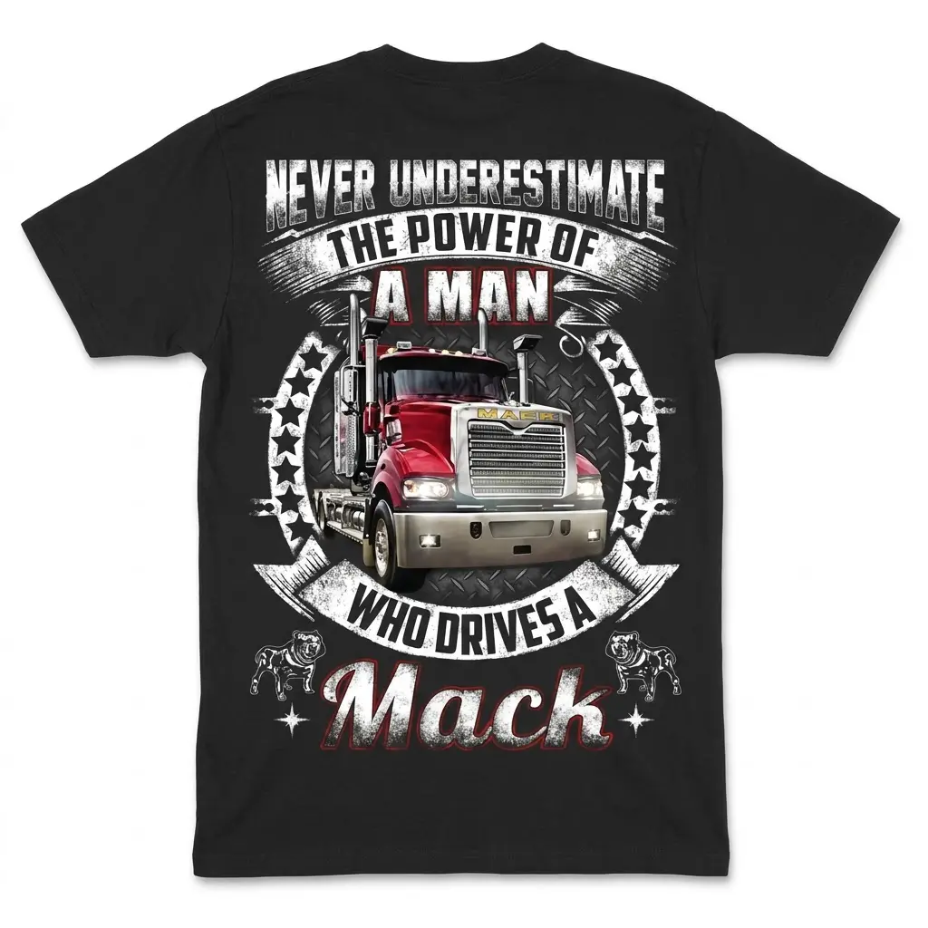 Powerful Mack Truck Driver T-Shirt 1 Back view of a t-shirt with a bold Mack truck graphic and impactful typography.