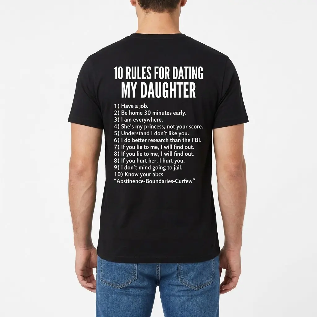 Protective Dad Rules for Dating My Daughter T-Shirt 4 Man wearing a black t-shirt, seen from the back, displaying the "10 Rules for Dating My Daughter" humorous warning design.