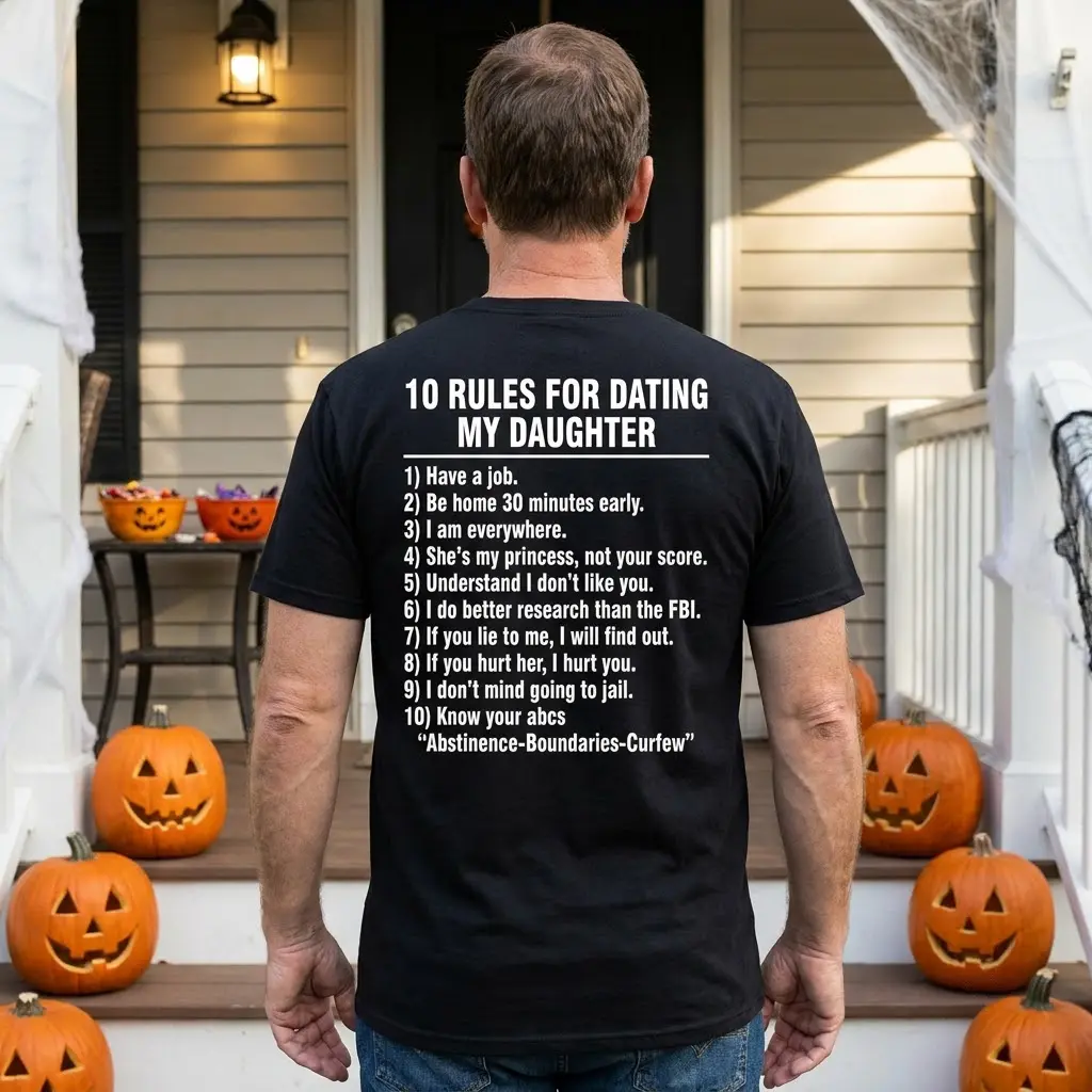 Protective Dad Rules for Dating My Daughter T-Shirt 5 Lifestyle view of the black "10 Rules for Dating My Daughter" graphic tee, highlighting the dad's humorous protective stance.