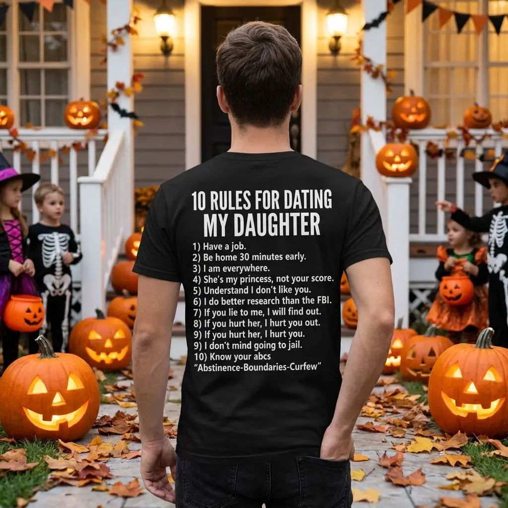 Protective Dad Rules for Dating My Daughter T-Shirt 6 Humorous "10 Rules for Dating My Daughter" design on a black t-shirt, shown in a casual setting with the full list visible.