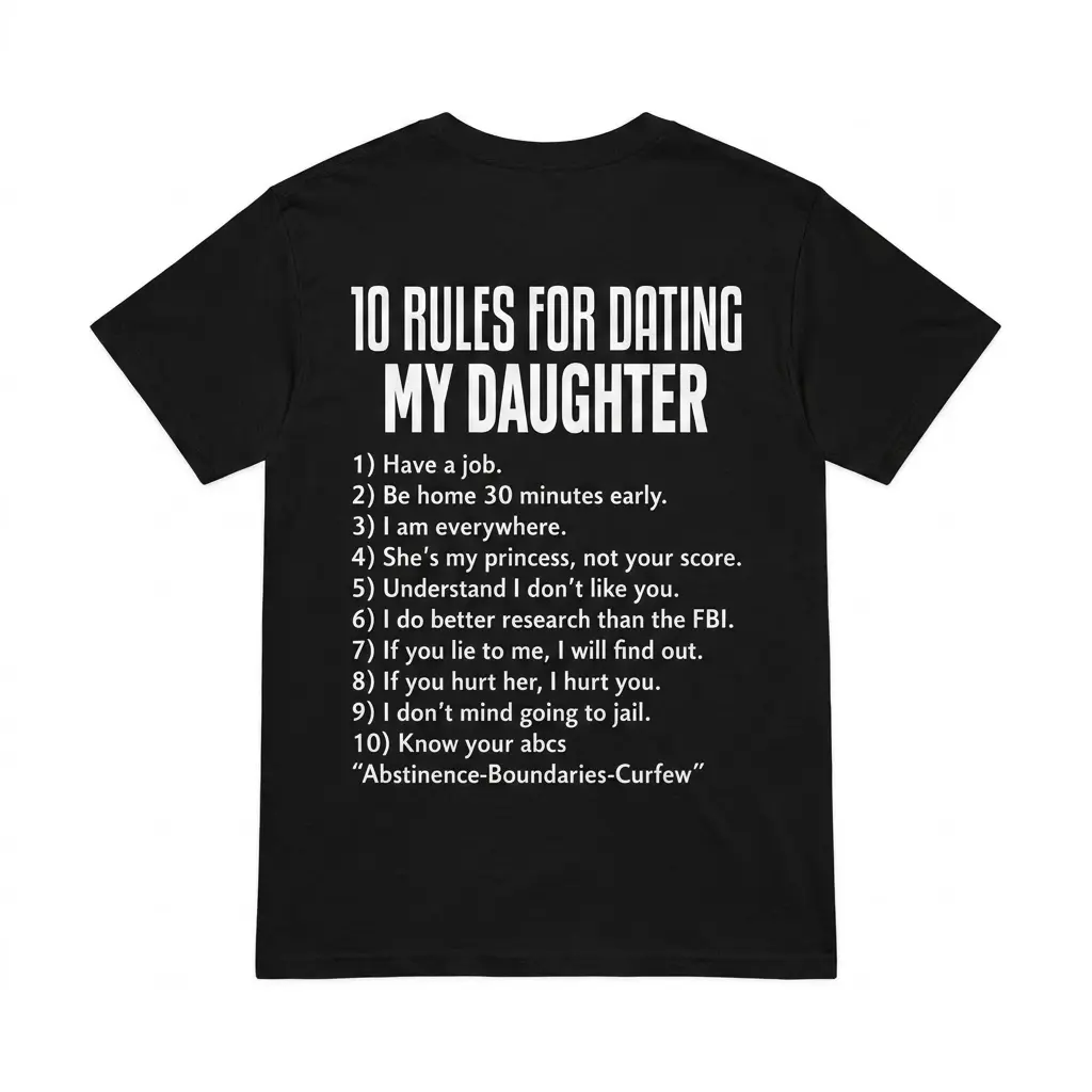 Protective Dad Rules for Dating My Daughter T-Shirt 1 Black t-shirt back flatlay featuring "10 Rules for Dating My Daughter" and a humorous list of protective dad rules.