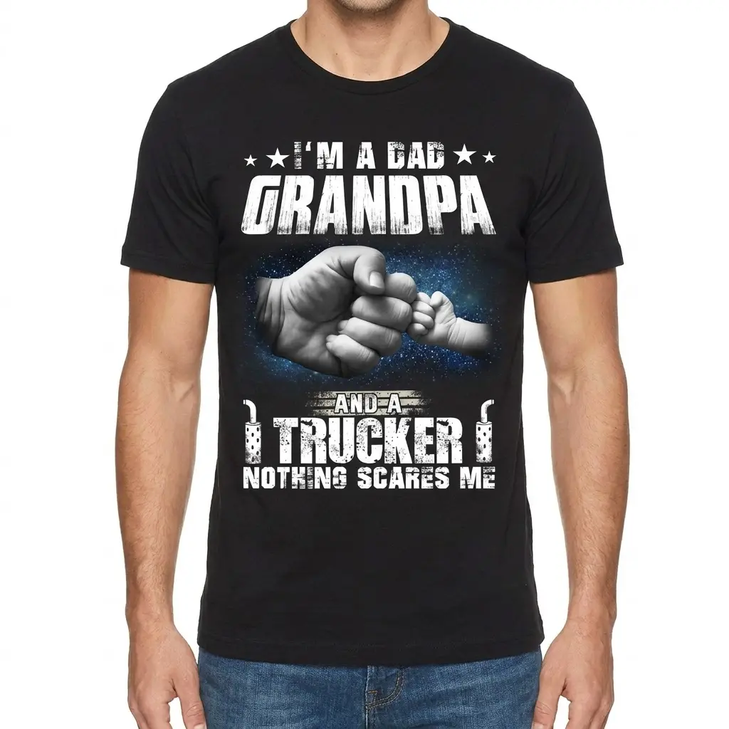 Proud Dad Grandpa Trucker Fist Bump T-Shirt 4 Man wearing a black t-shirt with the bold "I'M A DAD GRANDPA AND A TRUCKER NOTHING SCARES ME" design, featuring a fist bump.