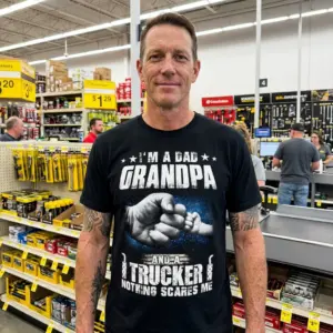 Proud Dad Grandpa Trucker Fist Bump T-Shirt 10 A man proudly wearing the black Dad Grandpa Trucker t-shirt, showcasing the tough, humorous design.