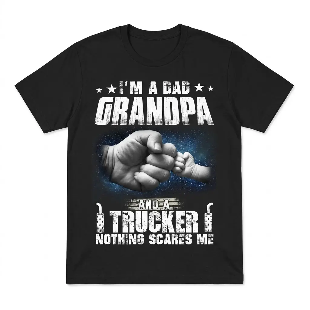 Proud Dad Grandpa Trucker Fist Bump T-Shirt 1 Black t-shirt with "I'M A DAD GRANDPA AND A TRUCKER NOTHING SCARES ME" text, showing an adult fist bumping a baby's fist.