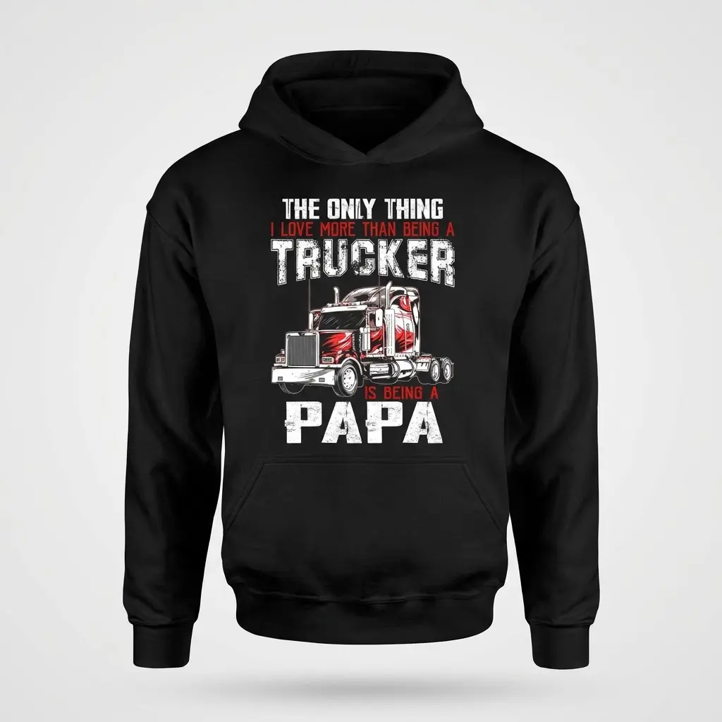 Black flat lay hoodie featuring "THE ONLY THING I LOVE MORE THAN BEING A TRUCKER IS BEING A PAPA" text with a red semi-truck graphic.